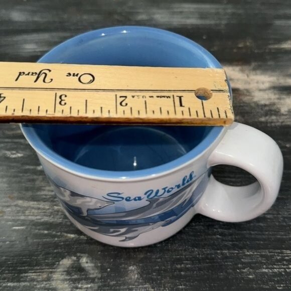 SeaWorld Dolphin Ceramic Mug 3" Tall 3" Diameter White & Blue Made In China - Picture 5 of 6